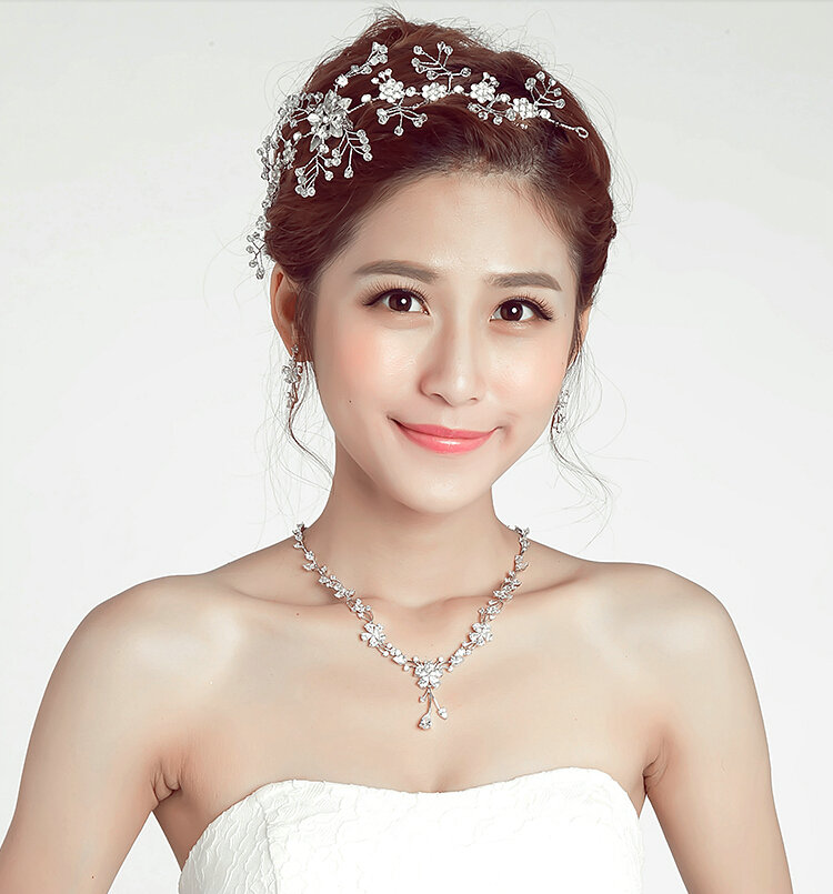 Crystal Beads Alloy Flower Soft Chain Bride Headbands Women Wedding Hair Accessories - Silver