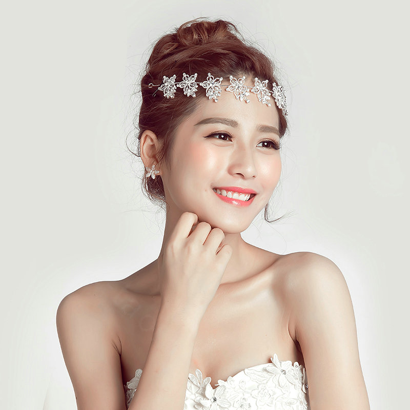 Crystal Beads Hollow Flower Soft Chain Bride Headbands Women Wedding Hair Accessories - White