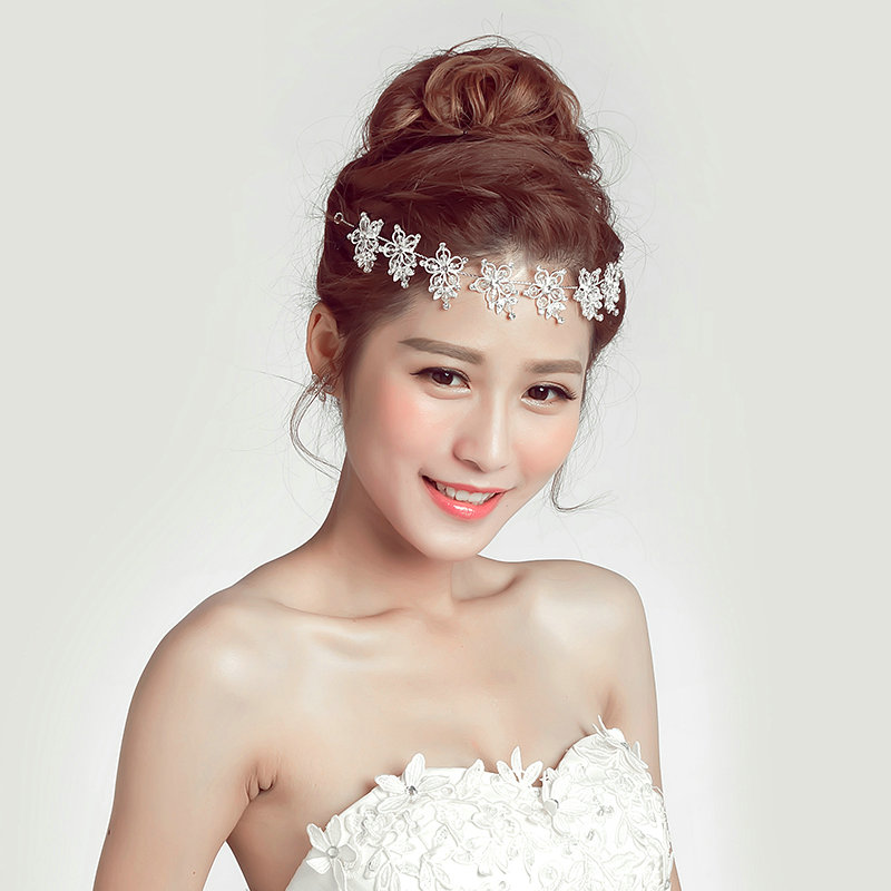 Crystal Beads Hollow Flower Soft Chain Bride Headbands Women Wedding Hair Accessories - White