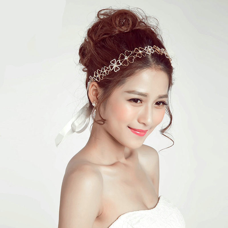 Crystal Diamond Alloy Flower Soft Chain Bride Headbands Women Wedding Hair Accessories - Gold