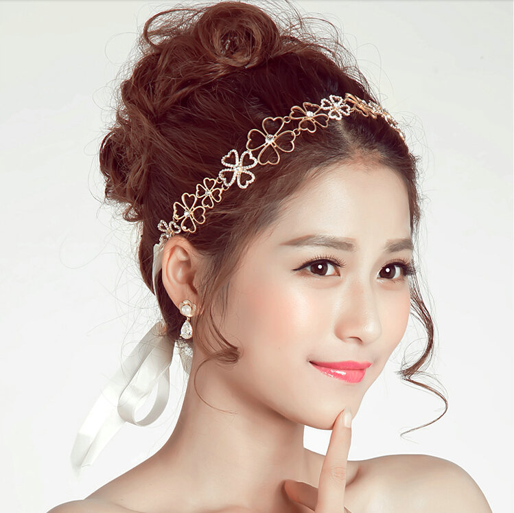 Crystal Diamond Alloy Flower Soft Chain Bride Headbands Women Wedding Hair Accessories - Gold