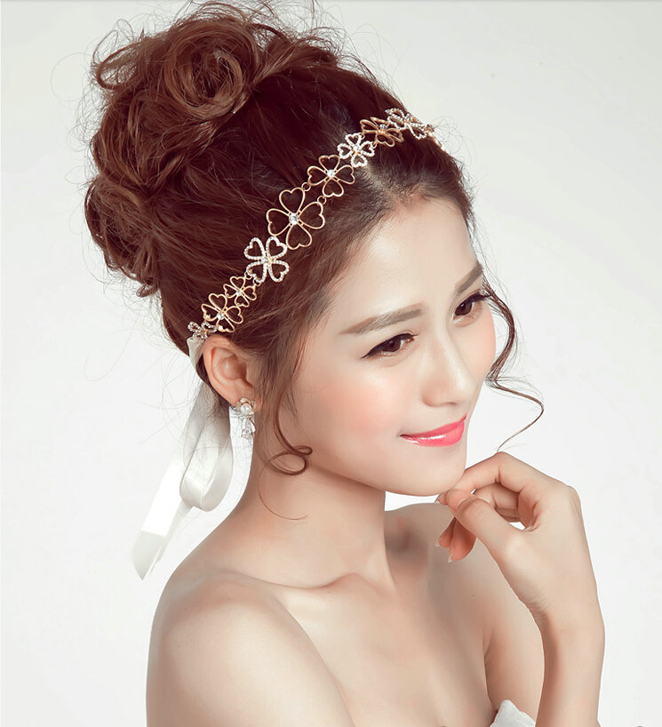 Crystal Diamond Alloy Flower Soft Chain Bride Headbands Women Wedding Hair Accessories - Gold