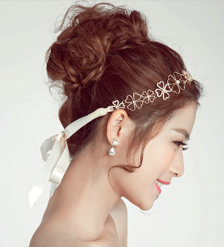 Crystal Diamond Alloy Flower Soft Chain Bride Headbands Women Wedding Hair Accessories - Gold