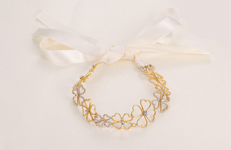 Crystal Diamond Alloy Flower Soft Chain Bride Headbands Women Wedding Hair Accessories - Gold