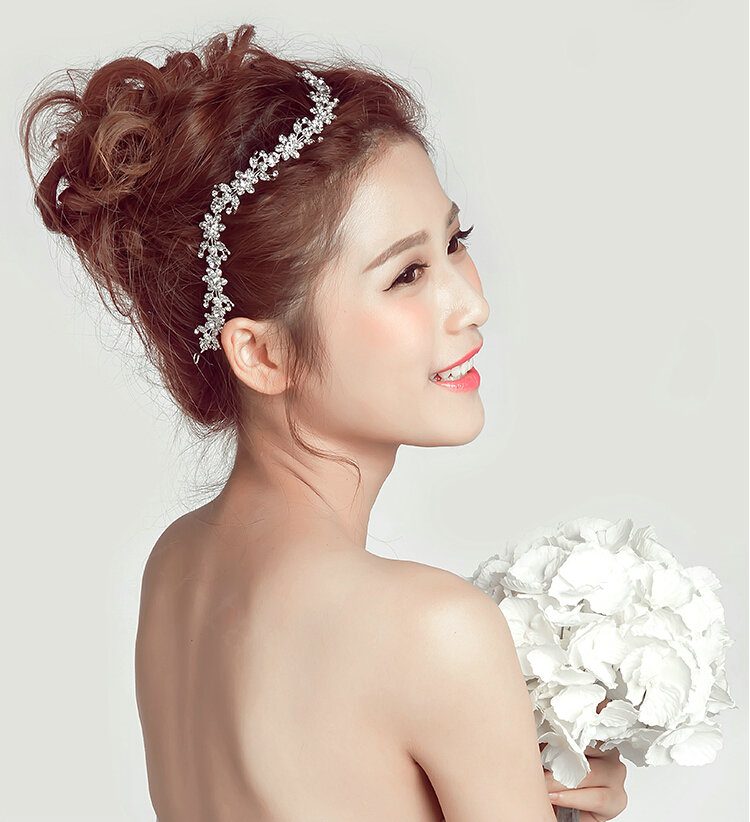 Crystal Diamond Alloy Flower Soft Chain Bride Headbands Women Wedding Hair Accessories - Silver