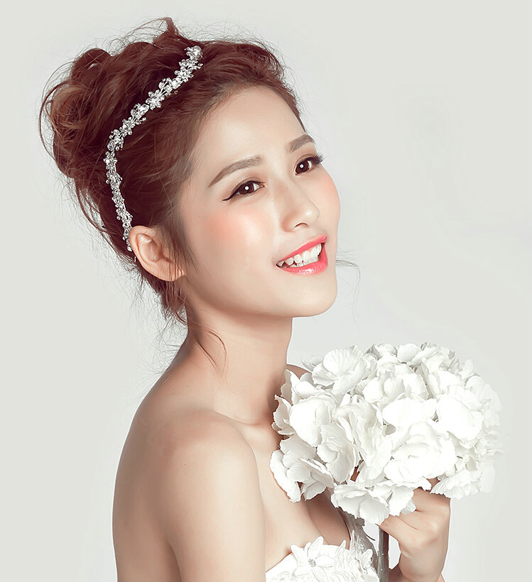 Crystal Diamond Alloy Flower Soft Chain Bride Headbands Women Wedding Hair Accessories - Silver