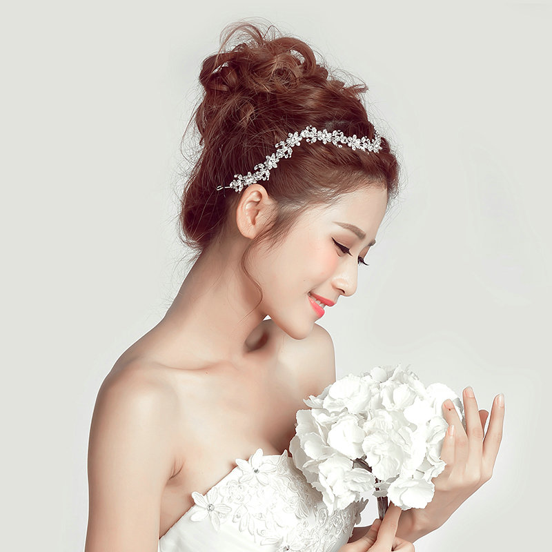 Crystal Diamond Alloy Flower Soft Chain Bride Headbands Women Wedding Hair Accessories - Silver