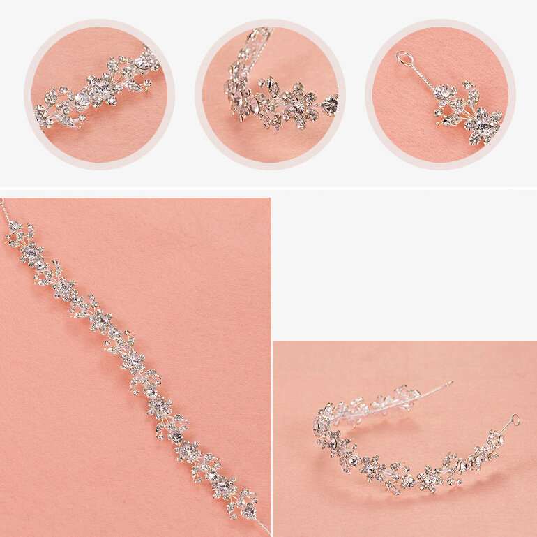 Crystal Diamond Alloy Flower Soft Chain Bride Headbands Women Wedding Hair Accessories - Silver