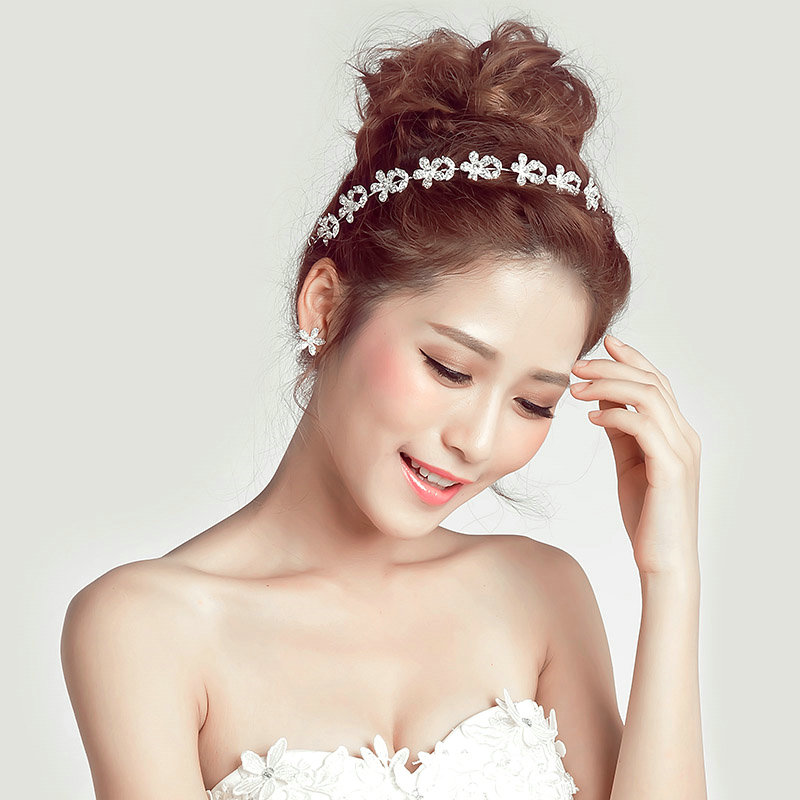 Crystal Diamond Alloy Flower Soft Chain Bride Headbands Women Wedding Hair Accessories - White