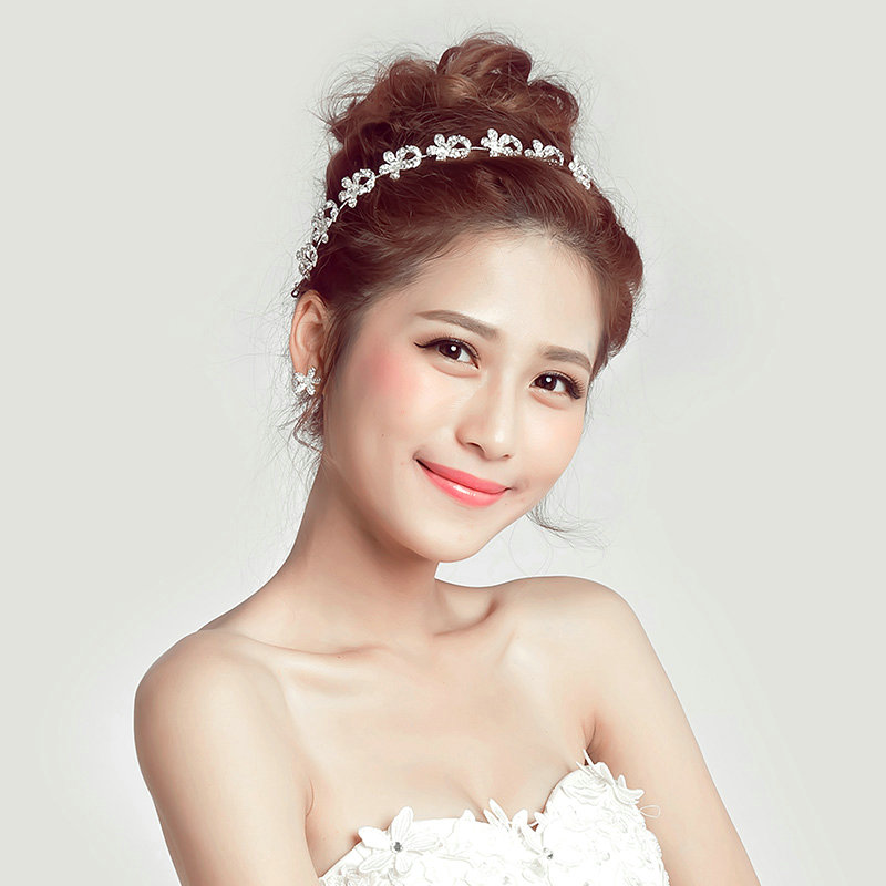 Crystal Diamond Alloy Flower Soft Chain Bride Headbands Women Wedding Hair Accessories - White