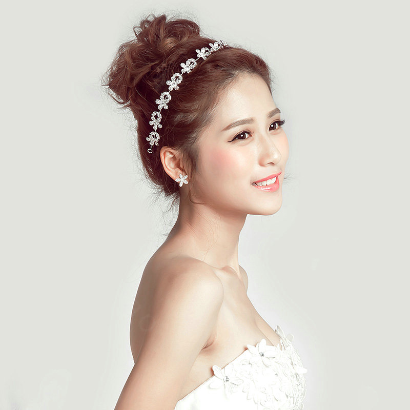 Crystal Diamond Alloy Flower Soft Chain Bride Headbands Women Wedding Hair Accessories - White