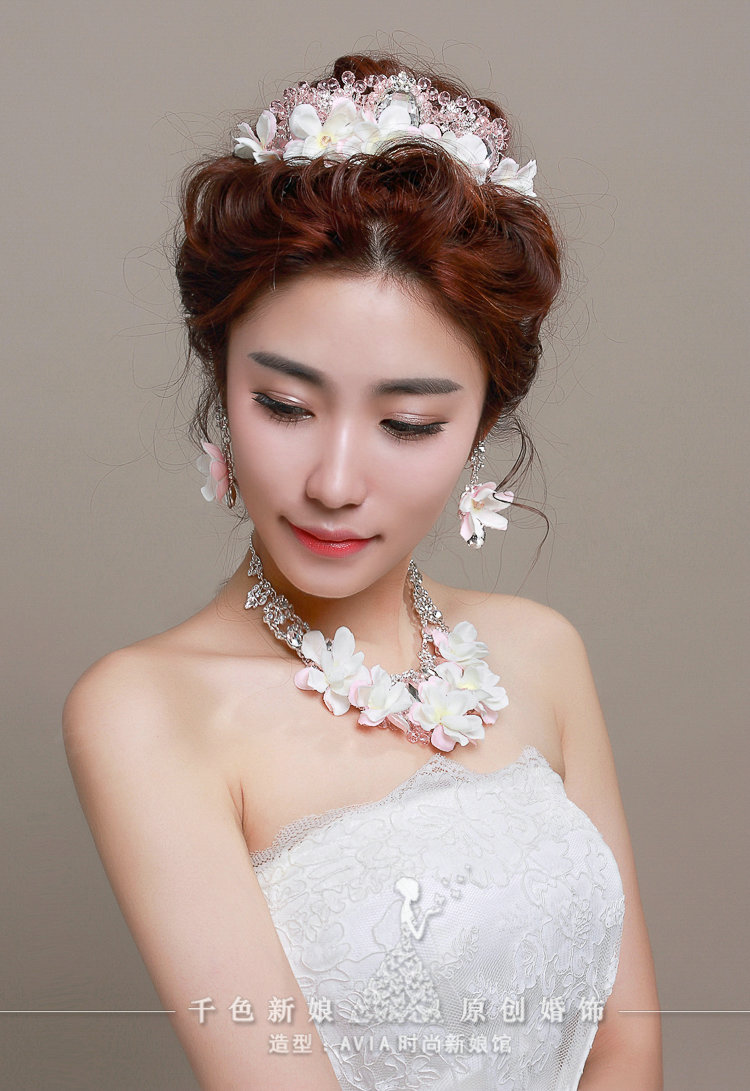 Crystals Beads Yarn Flower Bridal Tiaras Necklace Earring Women Wedding Jewelry Sets 3pcs - Pink