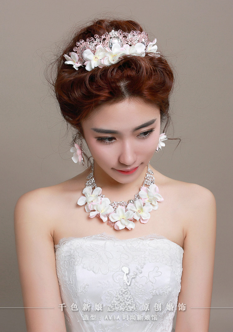 Crystals Beads Yarn Flower Bridal Tiaras Necklace Earring Women Wedding Jewelry Sets 3pcs - Pink