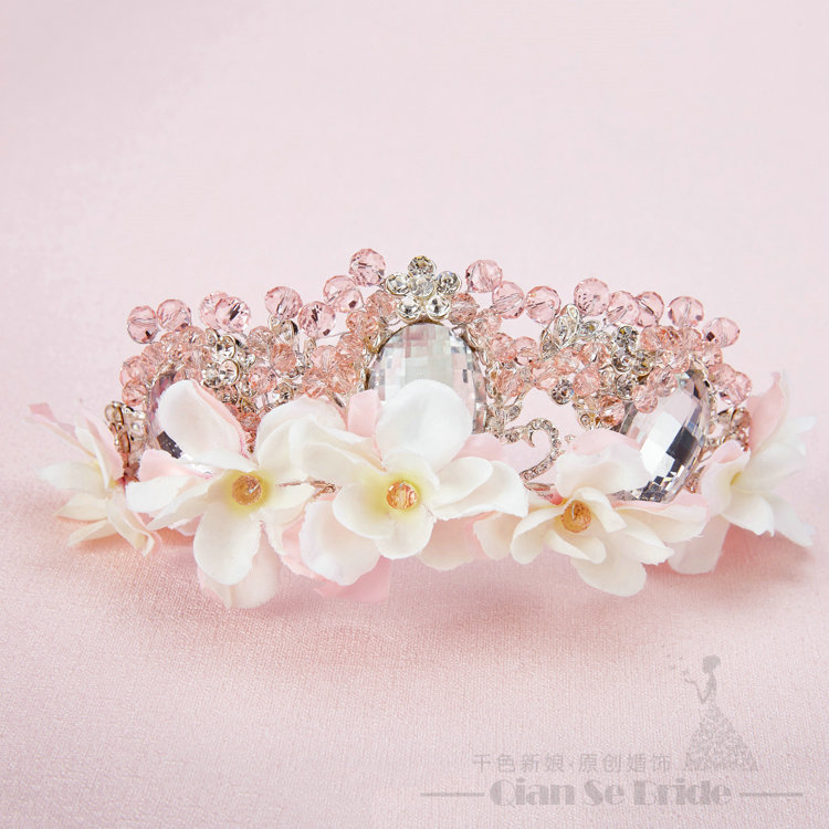 Crystals Beads Yarn Flower Bridal Tiaras Necklace Earring Women Wedding Jewelry Sets 3pcs - Pink