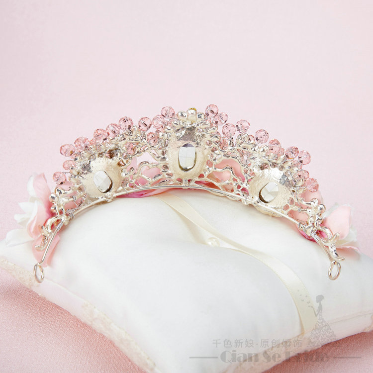 Crystals Beads Yarn Flower Bridal Tiaras Necklace Earring Women Wedding Jewelry Sets 3pcs - Pink