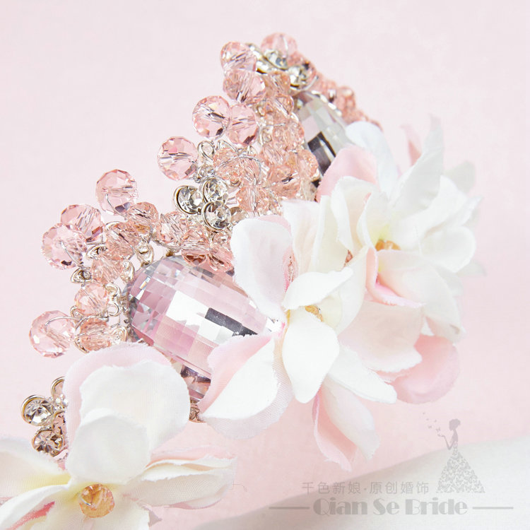 Crystals Beads Yarn Flower Bridal Tiaras Necklace Earring Women Wedding Jewelry Sets 3pcs - Pink