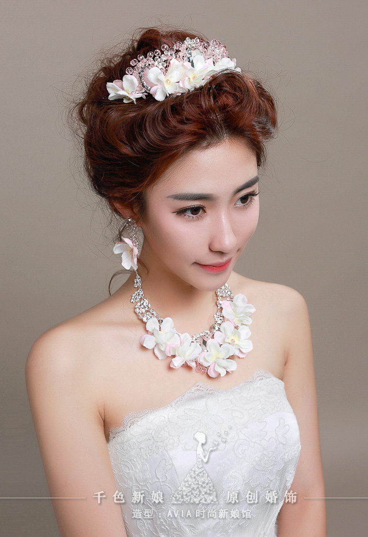 Crystals Beads Yarn Flower Bridal Tiaras Necklace Earring Women Wedding Jewelry Sets 3pcs - Pink