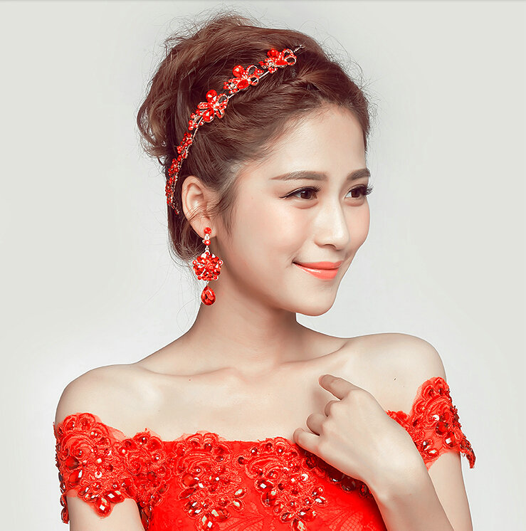 Elegant Alloy Rhinestone Flower Bridal Jewelry Headbands Earrings Women Weeding Sets - Red