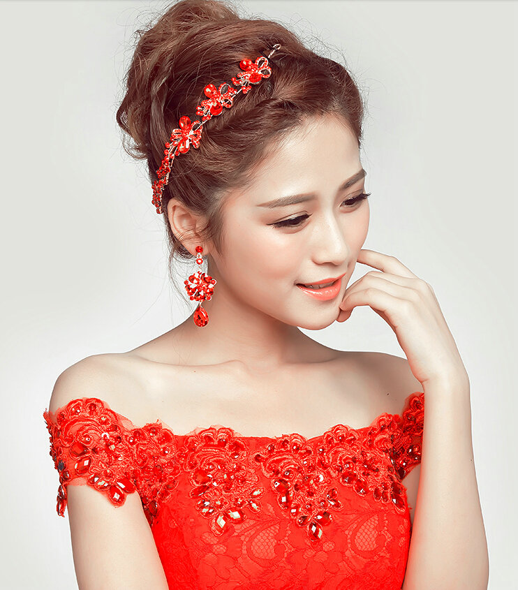 Elegant Alloy Rhinestone Flower Bridal Jewelry Headbands Earrings Women Weeding Sets - Red