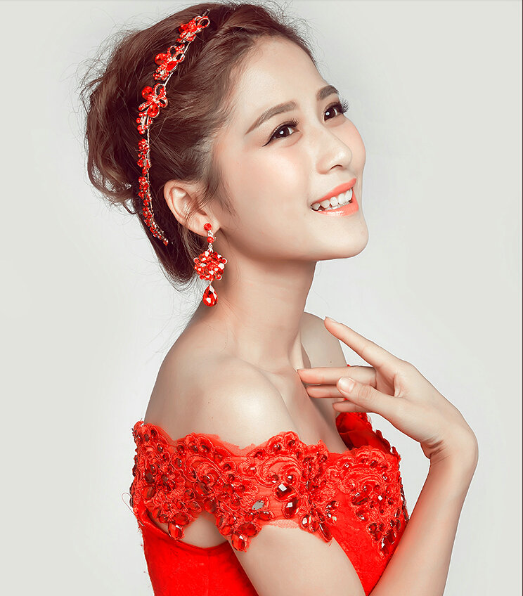 Elegant Alloy Rhinestone Flower Bridal Jewelry Headbands Earrings Women Weeding Sets - Red