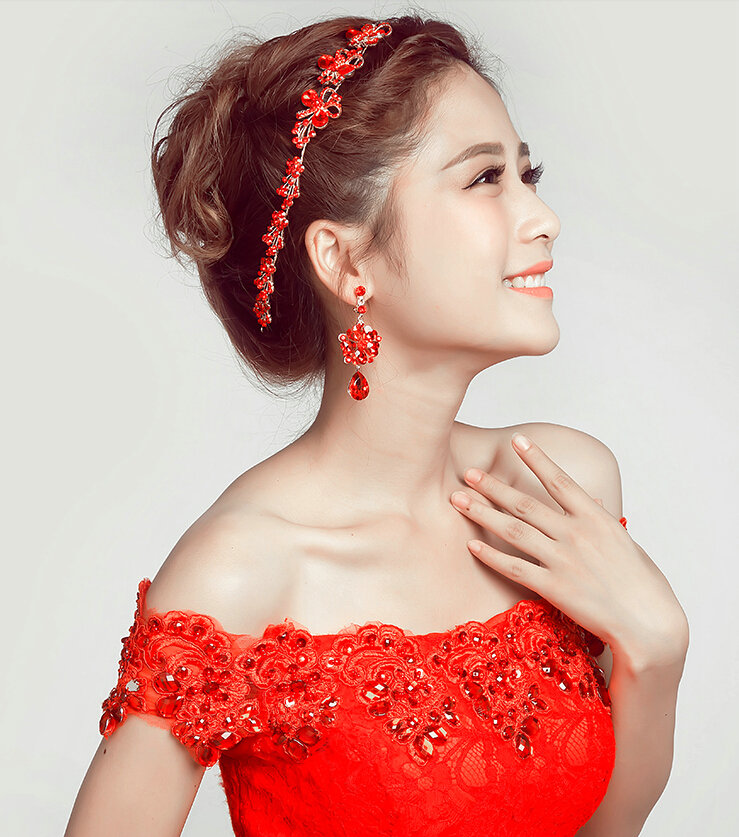 Elegant Alloy Rhinestone Flower Bridal Jewelry Headbands Earrings Women Weeding Sets - Red