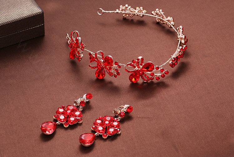 Elegant Alloy Rhinestone Flower Bridal Jewelry Headbands Earrings Women Weeding Sets - Red