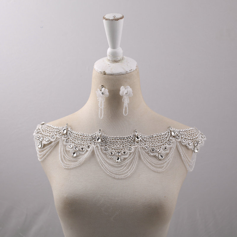 Elegant Lace Flower Rhinestone Bridal Necklace Wedding Ornate Tassel Shoulder Chain Accessories