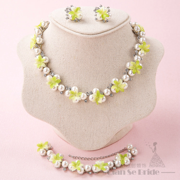 Elegant Rhinestone Pearls Flower Bridal Jewelry Necklace Earring Bracelet Women Wedding Sets 3pcs - Green