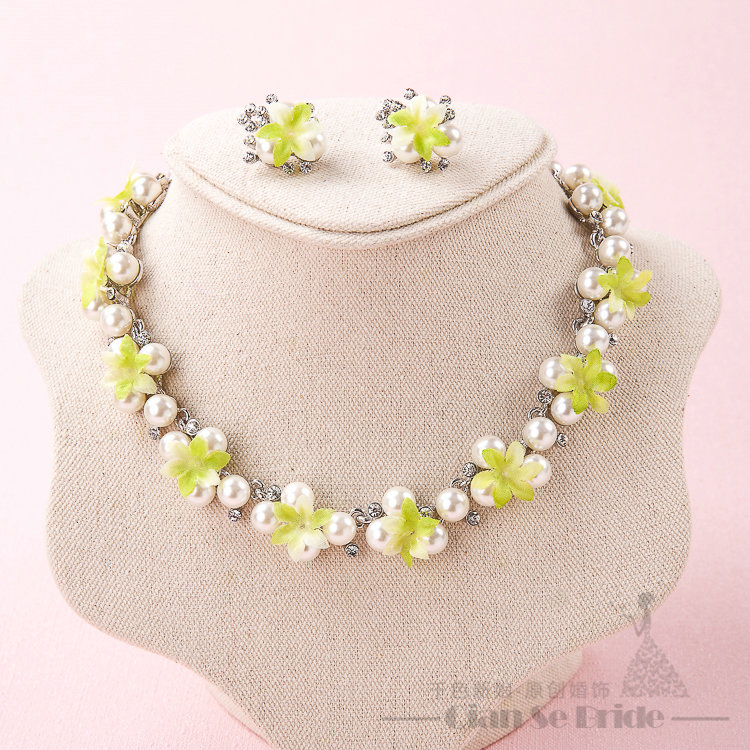 Elegant Rhinestone Pearls Flower Bridal Jewelry Necklace Earring Bracelet Women Wedding Sets 3pcs - Green