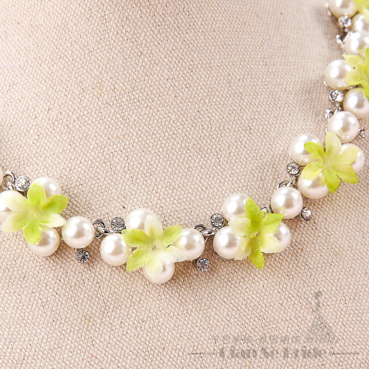 Elegant Rhinestone Pearls Flower Bridal Jewelry Necklace Earring Bracelet Women Wedding Sets 3pcs - Green
