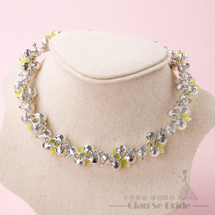 Elegant Rhinestone Pearls Flower Bridal Jewelry Necklace Earring Bracelet Women Wedding Sets 3pcs - Green