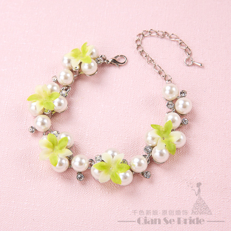 Elegant Rhinestone Pearls Flower Bridal Jewelry Necklace Earring Bracelet Women Wedding Sets 3pcs - Green