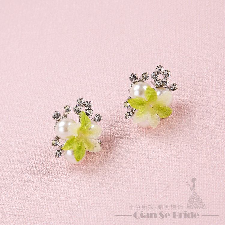 Elegant Rhinestone Pearls Flower Bridal Jewelry Necklace Earring Bracelet Women Wedding Sets 3pcs - Green