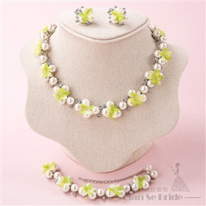 Elegant Rhinestone Pearls Flower Bridal Jewelry Necklace Earring Bracelet Women Wedding Sets 3pcs - Green