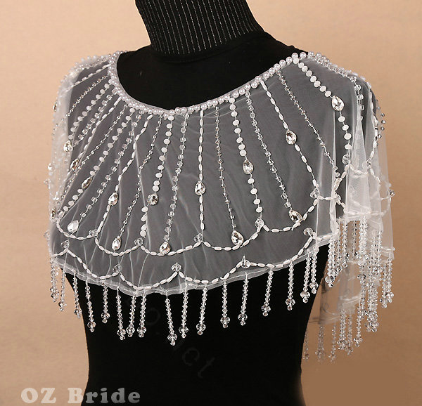 Elegant Wedding Bride Crystal Beads Lace Shawls Bridal Pearls Tassel Shoulder Chain Wrap
