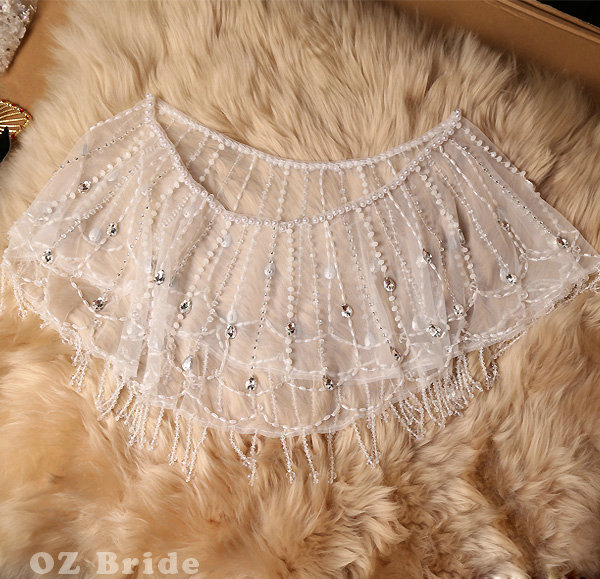 Elegant Wedding Bride Crystal Beads Lace Shawls Bridal Pearls Tassel Shoulder Chain Wrap