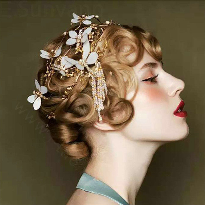 European Bride Retro Baroque Hand Alloy Butterfly Tassel Hair bands Women Wedding Accessories - Gold