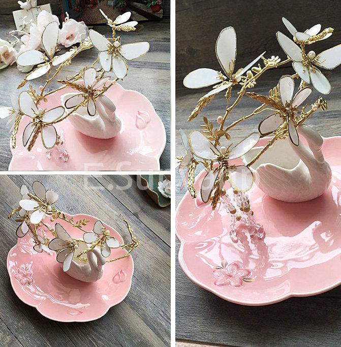 European Bride Retro Baroque Hand Alloy Butterfly Tassel Hair bands Women Wedding Accessories - Gold