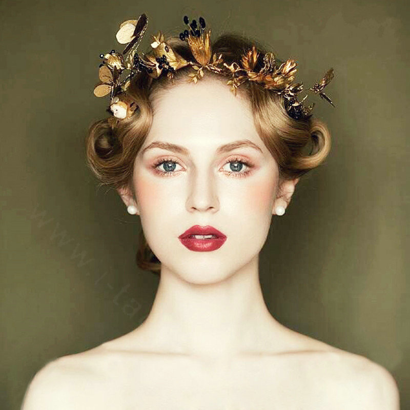 European Bride Retro Baroque Hand Alloy Leaves Hairbands Women Wedding Accessories - Gold