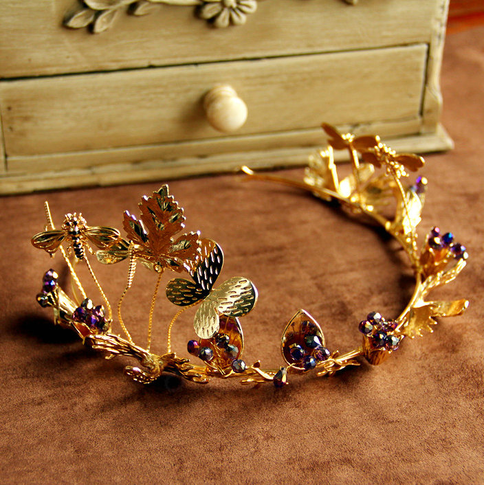 European Bride Retro Baroque Hand Alloy Leaves Hairbands Women Wedding Accessories - Gold