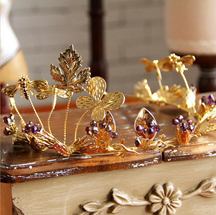 European Bride Retro Baroque Hand Alloy Leaves Hairbands Women Wedding Accessories - Gold