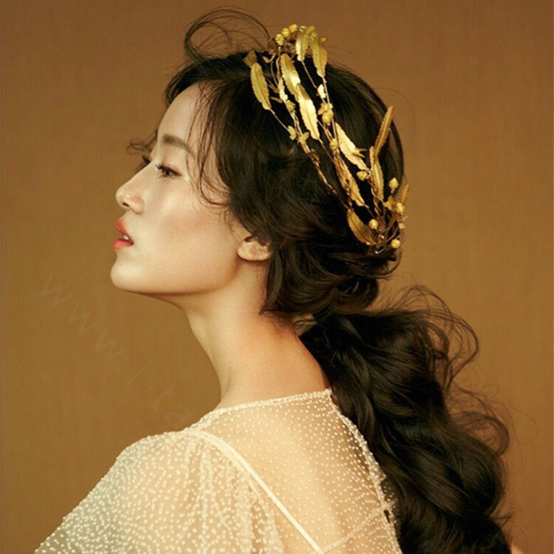 European Bride Retro Hand Alloy Leaves Pearls Hairbands Women Wedding Hair Hoop - Gold