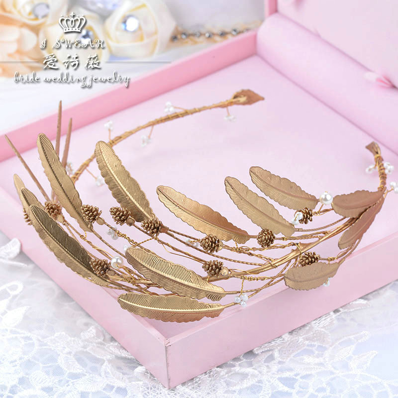 European Bride Retro Hand Alloy Leaves Pearls Hairbands Women Wedding Hair Hoop - Gold
