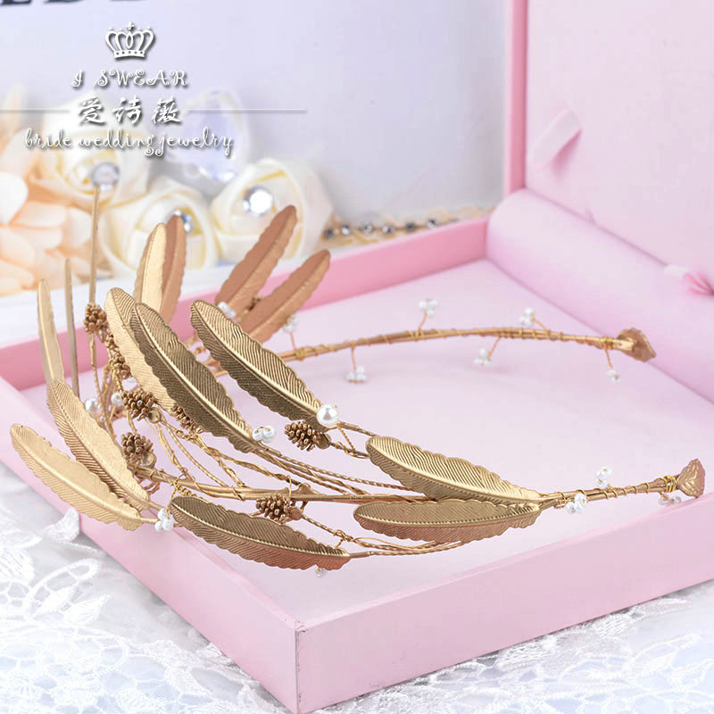 European Bride Retro Hand Alloy Leaves Pearls Hairbands Women Wedding Hair Hoop - Gold