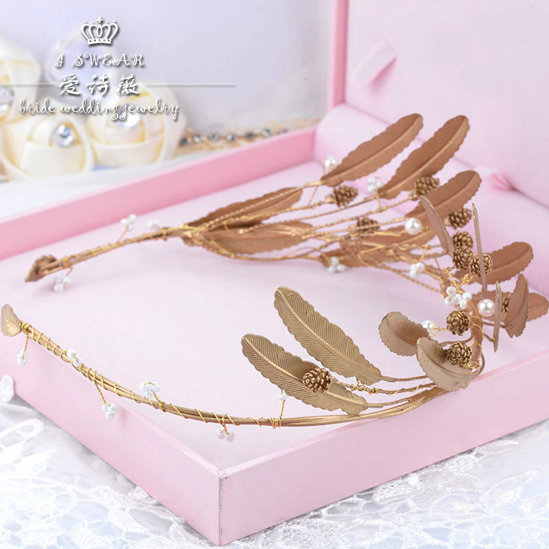 European Bride Retro Hand Alloy Leaves Pearls Hairbands Women Wedding Hair Hoop - Gold