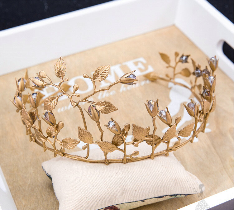 European style Bride Crown Crystal Alloy Flower Branch Hairbands Wedding Accessories - Gold
