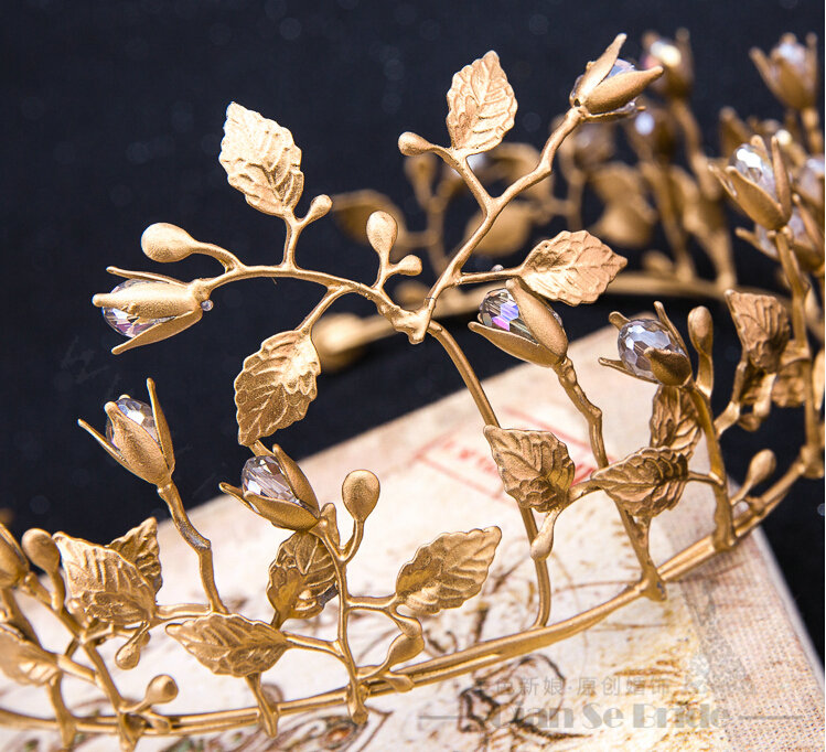 European style Bride Crown Crystal Alloy Flower Branch Hairbands Wedding Accessories - Gold