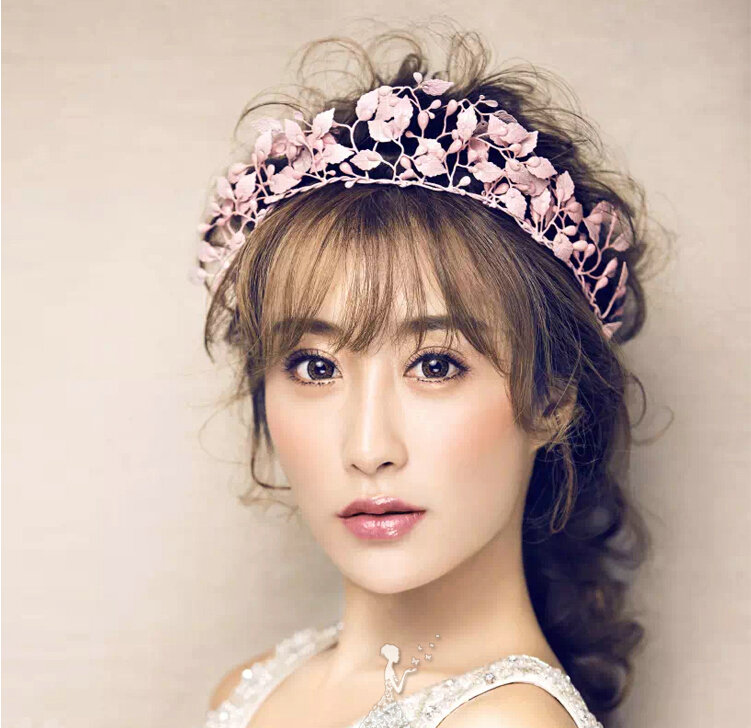 European style Bride Crown Crystal Alloy Flower Branch Hairbands Wedding Accessories - Pink
