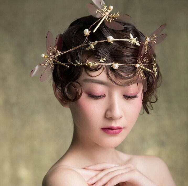 European style Retro Bride Alloy Dragonfly Bees Pearls Hair bands Women Hair Hoop - Gold