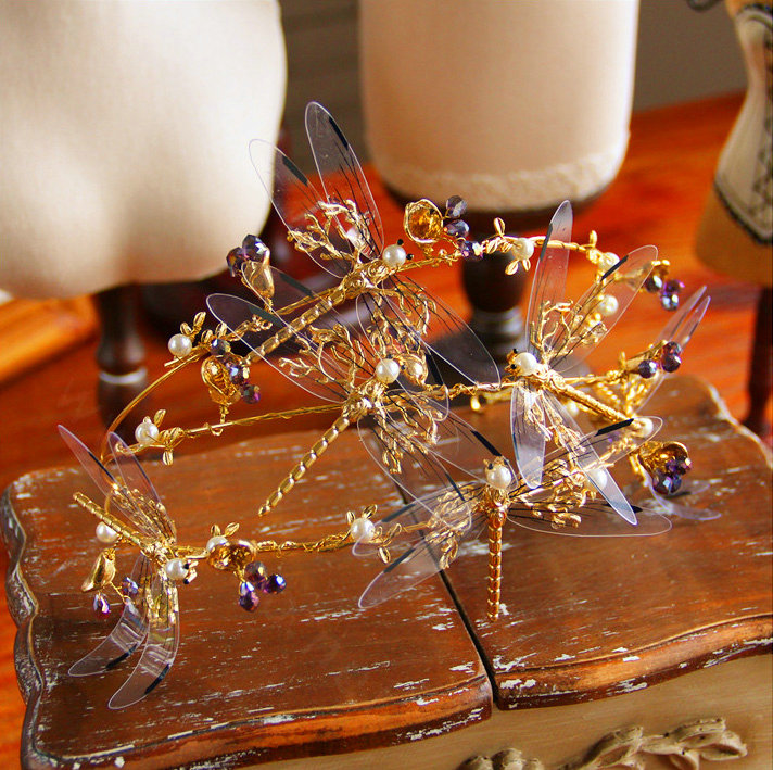 European style Retro Bride Alloy Dragonfly Bees Pearls Hair bands Women Hair Hoop - Gold